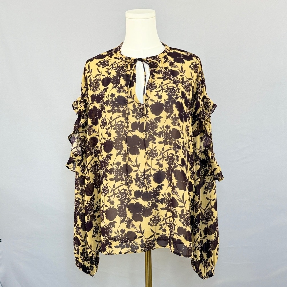 Chic Floral Women's Blouse Mustard and Chocolate with Soft Round Neckline